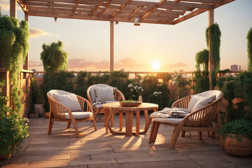 Rooftop with wooden chairs to relax at sunset