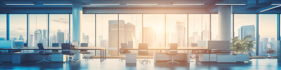 Fototapeta premium Panoramic image of a large bright modern office with large panoramic windows and a view of the metropolis at dawn in the rays of the sun. AI generated