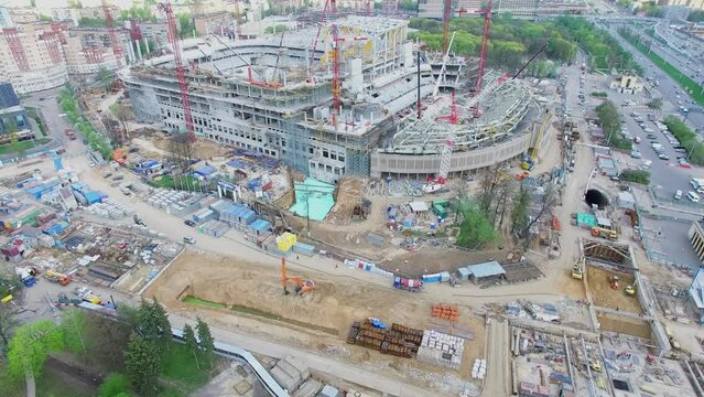 Building site of soccer arena Dynamo and cityscape