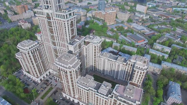 Facade of residential skyscraper Triumph-Palace. Aerial view