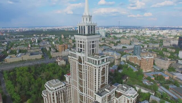 Exterior of skyscraper Triumph-Palace against megalopolis