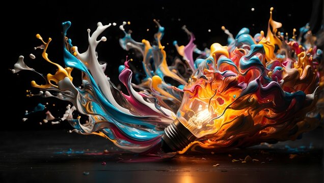 The creative light bulb is exploding with colorful paint and splashes on a black background, presenting a unique and innovative idea concept. generative ai
