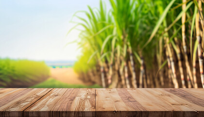 The empty wooden brown table top with blur background of sugarcane plantation. Exuberant image.,...