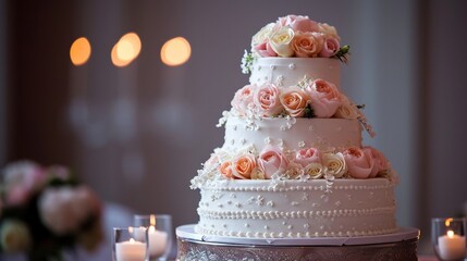 A three tier wedding cake with pink roses, copy space