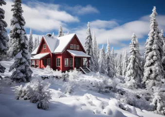 Fotobehang Cozy Red Winter Cabin in Snowy Forest Landscape © Ross
