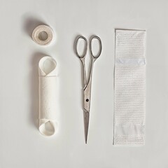 An overhead flat lay high key photograph of a medical scissor and bandages. High contrast. The background should be clean white and consistent in colour. The image should be hyperrealistic, resembling