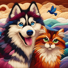 Felt art patchwork, Portrait of Happy dog and cat