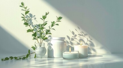 white countertop with lotion, face cream and plant on white background, in the style of high-tech futurism, monochromatic shadows, hiroshi sugimoto, transparency, rounded forms, selective focus, decon