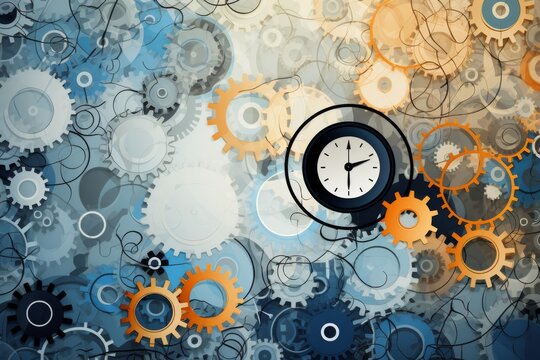 Graphic patterned background of a dynamic mosaic of interconnected gears and graduation caps, forming a visually stimulating and modern design