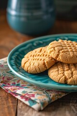 Fototapeta na wymiar peanut butter cookies on a teal plate 