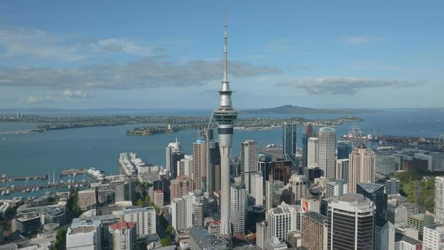 Aerial shot of Auckland Sky tower and city centre, New Zealand