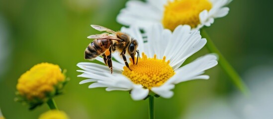 Obraz premium A small bee collects pollen from a white and yellow flower in a green clearing.