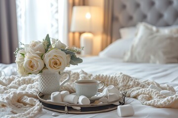 Fototapeta na wymiar Luxurious bedroom interior with a tray with a cup, saucer, marshmallows and flowers on the bed