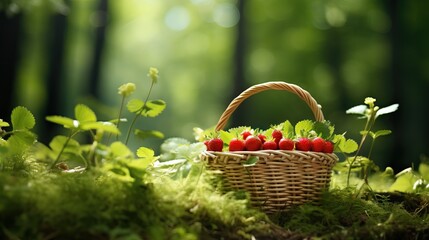 Closeup of Wild Strawberry Bushes in Forest with Wicker Basket and Dew on Grass AI Generated - obrazy, fototapety, plakaty