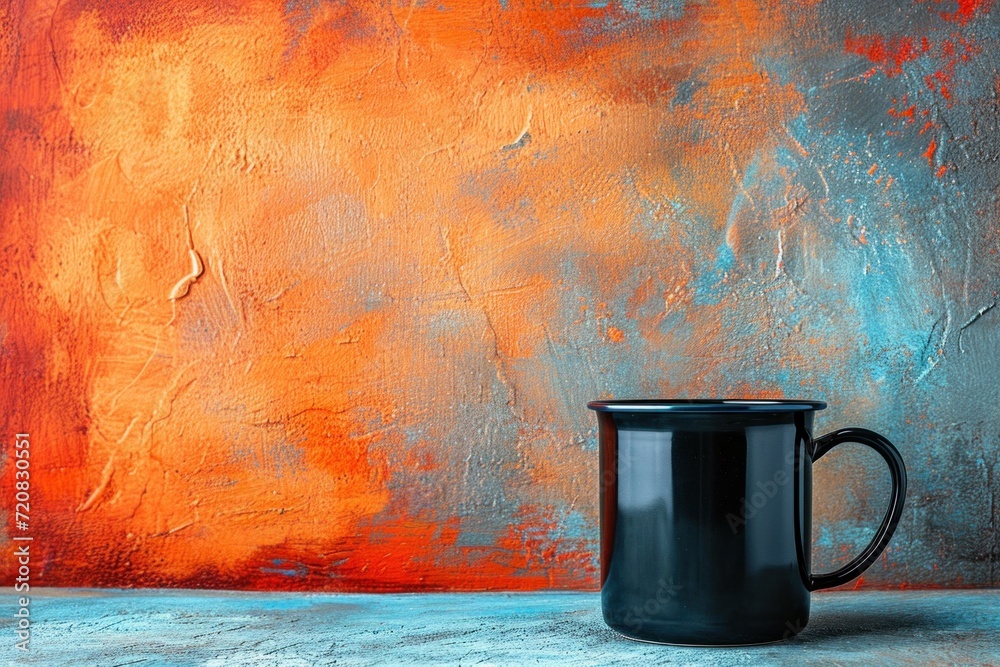 Wall mural A black coffee cup sitting on a table next to an orange wall, AI