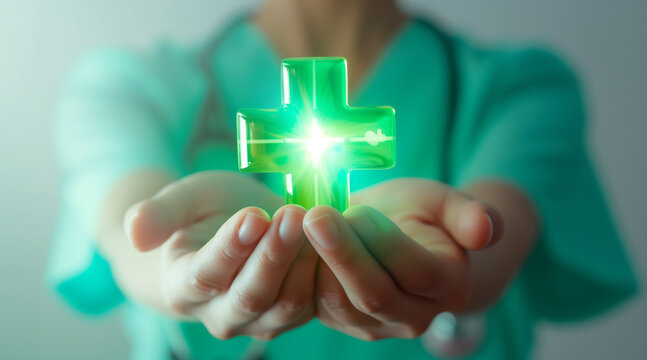 Close-up of a nurse's hand holding a green illuminated croos on white background. Health concept