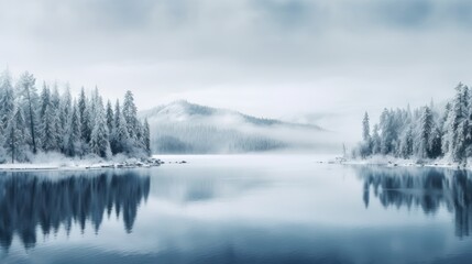 Winter Lake and Snowy Coniferous Forest Landscape AI Generated