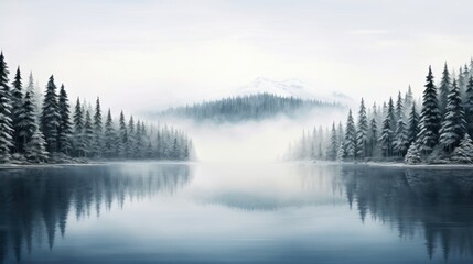Fototapeta na wymiar Winter Lake and Snowy Coniferous Forest Landscape AI Generated