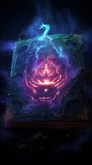 Dark Cinematic Backdrop of a Witch's Spellbook with Vivid RGB Colors Generative AI
