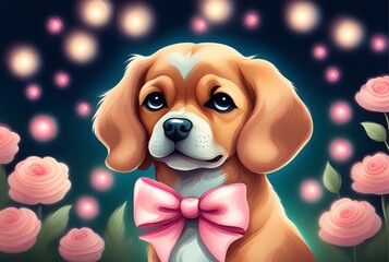 Cute, brown and white puppy with a pink bow on it's neck. It's surrounded by pink flowers and bokeh lights in the background.
