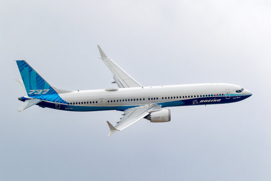 Boeing 737 MAX 10 passenger plane demonstration flight at the Paris Air Show. Le Bourget, France - June 22, 2023