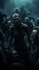 Fototapeta na wymiar Dark Cinematic Backdrop: Zombie Horde in RGB Colors Generative AI