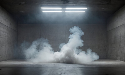 light in a dark concrete floor with smoke, Background of empty room, 