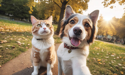 Naklejka na ściany i meble Cat and dog taking a selfie together on park outdoor 