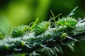 Naklejka premium Aphid Insects, Greenfly On Plant, Small Garden Parasite Animals, Aphids Pest Colony Closeup