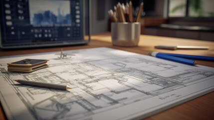 Close-up photo of a residence blueprint on a work desk