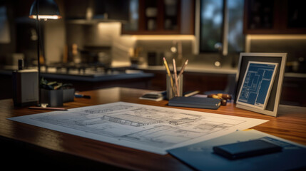 Close-up photo of a residence blueprint on a work desk