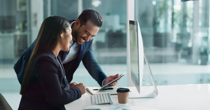 Business people, computer and high five for online results, success or achievement in human resources office. Professional man and woman with support, teamwork or training goals on digital technology