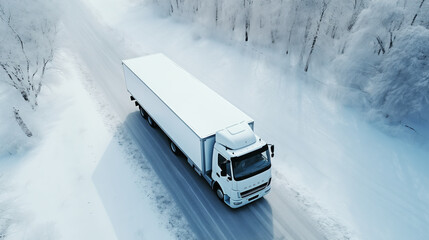 Big white truck driving along the snowy highway through the forest on a winter day. Long-distance commercial transportation, delivery of goods in cold climate. Copy space. Top view.