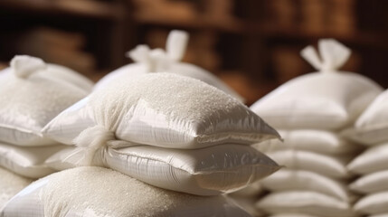 A pile of white bags of bulk rice in the warehouse