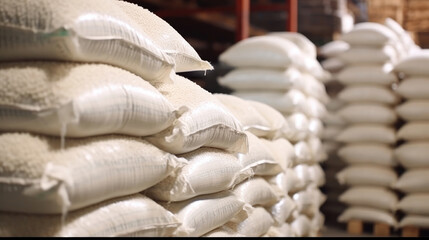 Fototapeta na wymiar A pile of white bags of bulk rice in the warehouse
