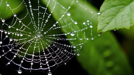 a spider's web adorned with dew-drenched leaves, AI Generative.