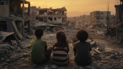Rear view of children sitting in front of a city destroyed by war