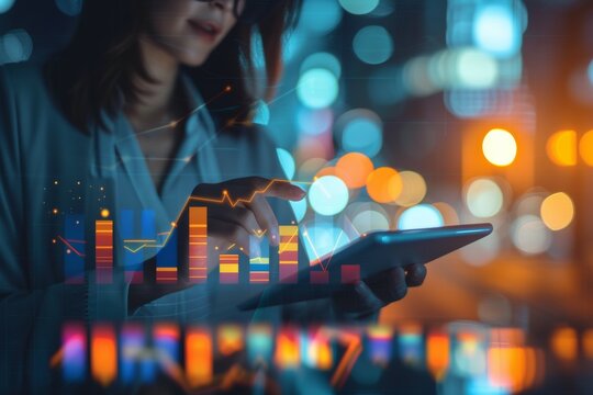 Financial analyzing and market forecast concept with young woman working with data, making notes in notebook and growing digital forex chart diagram and candlestick, double exposure