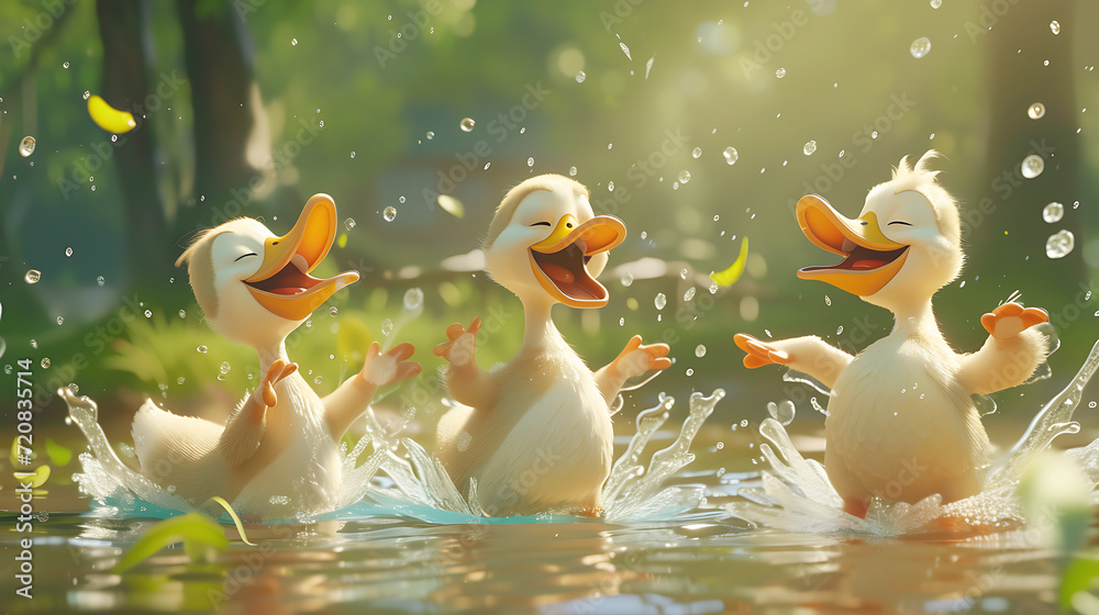 Wall mural An animated representation of ducks joyfully splashing in a pond