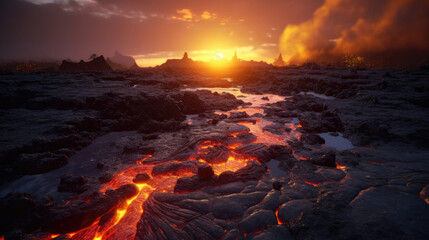 Fototapeta na wymiar Sunset on molten lava, in Hawaii