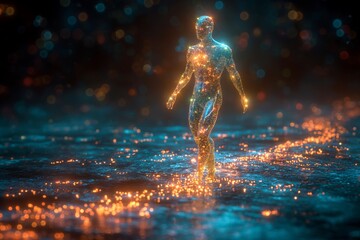 A humanoid figure made of light and circuitry, representing AI, stands at the center of a vast web of connected lines and nodes that extend into the surrounding darkness.