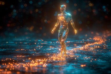 Naklejka premium A humanoid figure made of light and circuitry, representing AI, stands at the center of a vast web of connected lines and nodes that extend into the surrounding darkness.