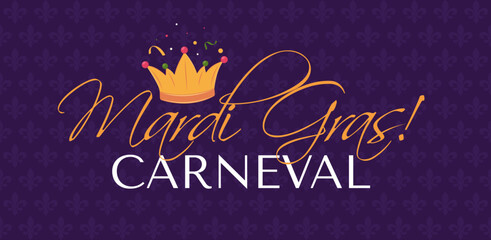 Mardi Gras decorative background. Modern typography design. Purple vector background with crown, pattern and text.