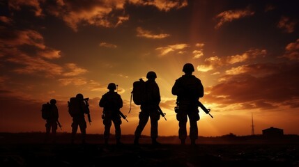 Cinematic Horizon: Soldier Silhouettes in Military Equipment AI Generated