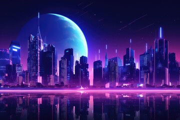 Fototapeta na wymiar Neon Night City, Blue Synth Wave City-Line, Solid Violet Gradient Background, Copy Space, Banner