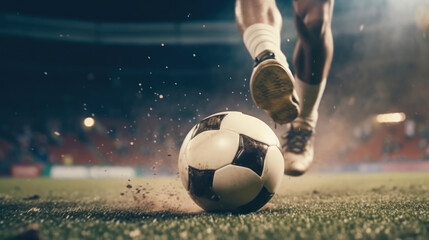 Close - up photo of a football player's foot kicking the ball - obrazy, fototapety, plakaty