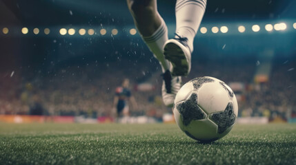 Fototapeta premium Close - up photo of a football player's foot kicking the ball