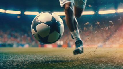 Close - up photo of a football player's foot kicking the ball