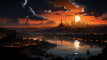 Captivating Urban Scenery: Mesmerizing Sunset Shimmer over a Vibrant City Skyline, generative AI