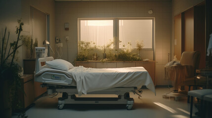 Empty hospital bed in modern hospital room